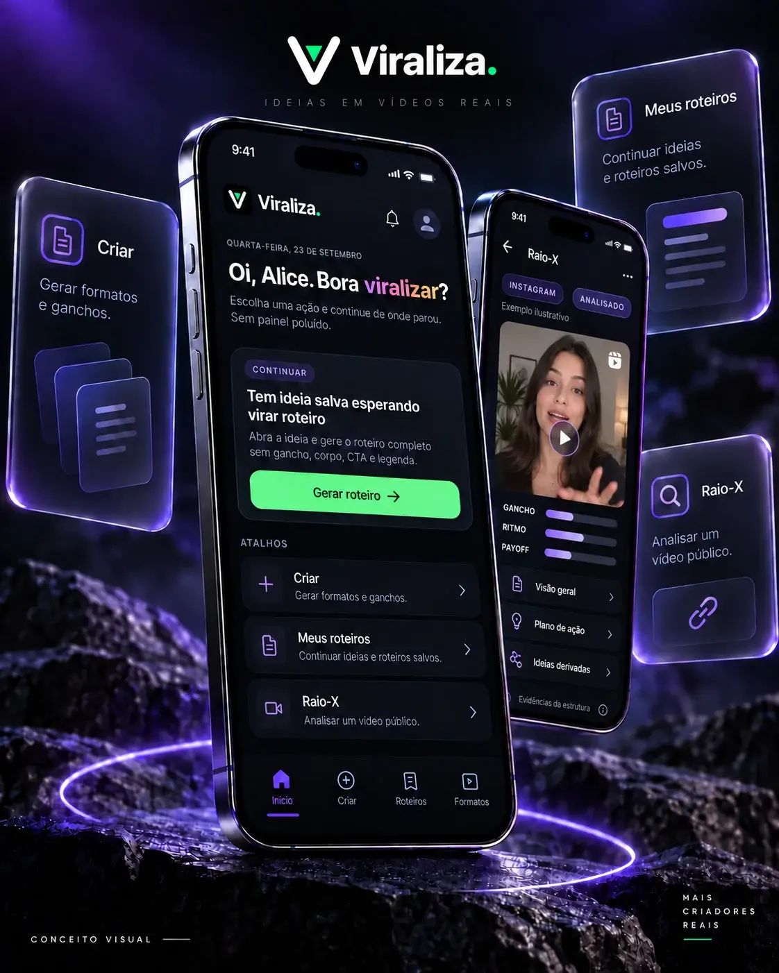 Mockup ilustrativo do Viraliza em dois celulares, com criação de roteiros e Raio-X